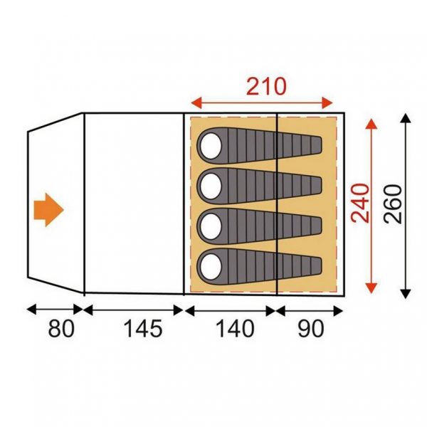 Eurohike Sendero 4 Family Tent -tent dimensions with sleeping space diagram